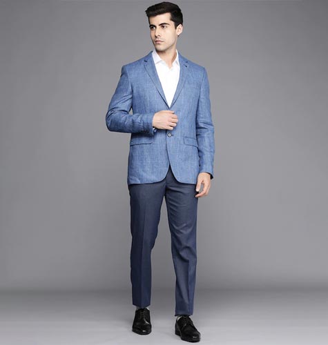 Men Blue Checked Slim Fit Pure Linen Single-Breasted Formal Blazer